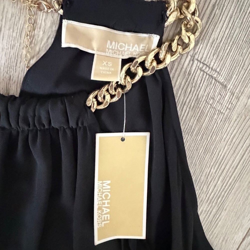 Michael Kors Black Fringe Halter Dress Chain Neck LBD XS dressy party NWT $195 - Picture 6 of 11